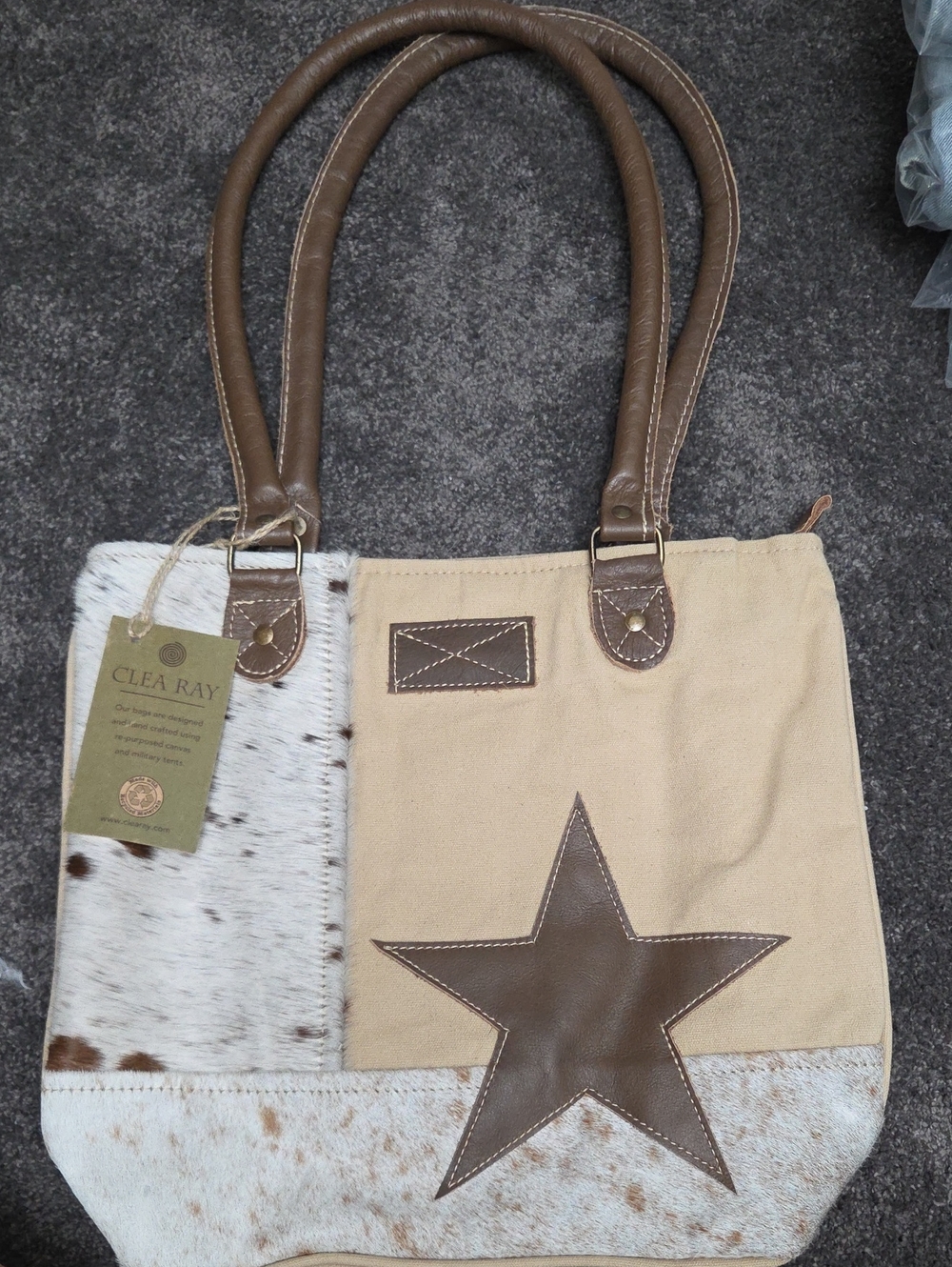 Beige & Brown Star Canvas Tote Bag 13" X 12"